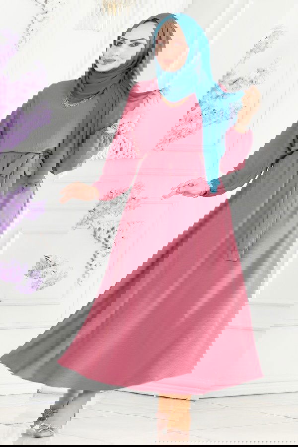 Modaselvim SEPETTE NET %20+%20 İNDİRİM Beli Lastikli Aerobin Elbise 109MP806 Gül Kurusu