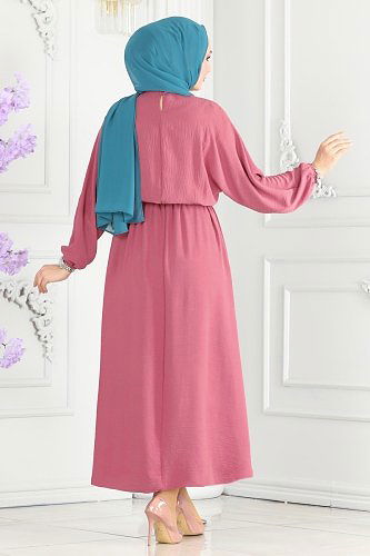 moda selvim Beli Lastikli Aerobin Elbise 109MP806 Gül Kurusu - Thumbnail