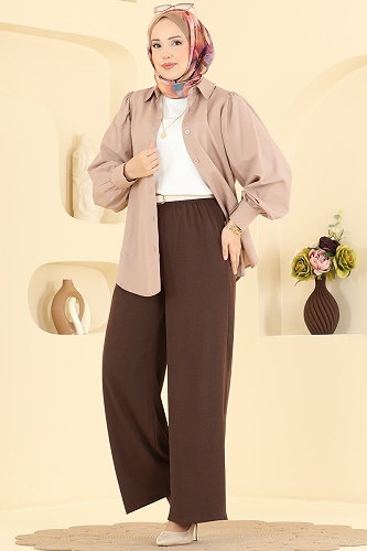 moda selvim Beli Lastikli Aerobin Pantolon 3888BLU797 Kahve - Thumbnail