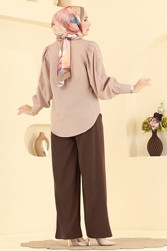 moda selvim Beli Lastikli Aerobin Pantolon 3888BLU797 Kahve - Thumbnail
