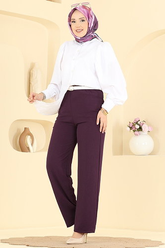 moda selvim Beli Lastikli Aerobin Pantolon 3888BLU797 Mürdüm - Thumbnail