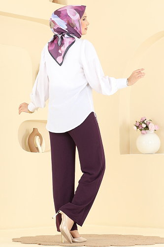 moda selvim Beli Lastikli Aerobin Pantolon 3888BLU797 Mürdüm - Thumbnail