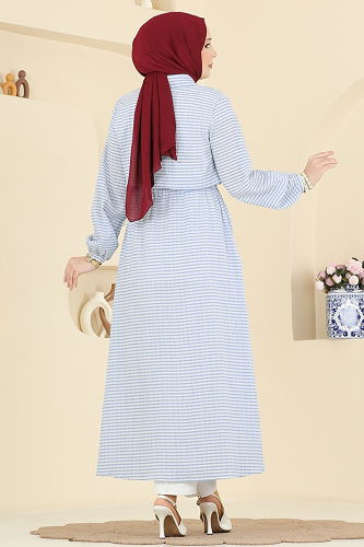 moda selvim Beli Lastikli Çizgili Elbise 7020OZN1046 Bebe Mavisi - Thumbnail