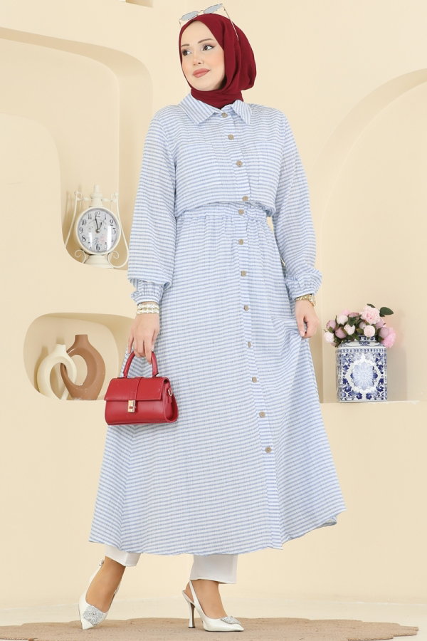 Modaselvim SEZON SONU %70 + %20 Beli Lastikli Çizgili Elbise 7020OZN1046 Bebe Mavisi