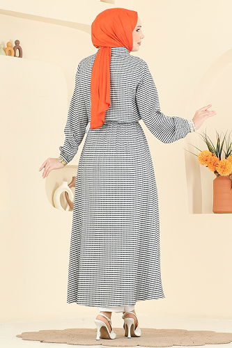 moda selvim Beli Lastikli Çizgili Elbise 7020OZN1046 Siyah - Thumbnail