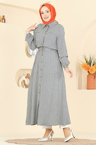 moda selvim Beli Lastikli Çizgili Elbise 7020OZN1046 Siyah - Thumbnail