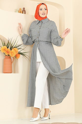 moda selvim Beli Lastikli Çizgili Elbise 7020OZN1046 Siyah - Thumbnail