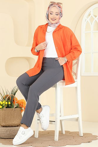 moda selvim Beli Lastikli Dabıl Pantolon 0650ERK1158 Antrasit - Thumbnail