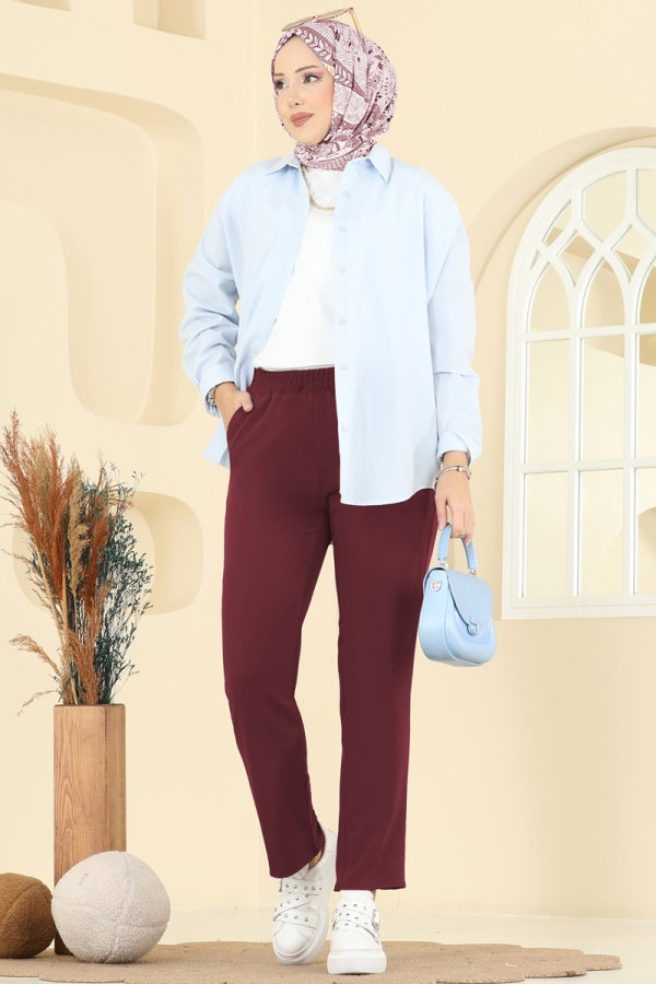 Modaselvim Pantolon Beli Lastikli Dabıl Pantolon 0650ERK1158 Bordo