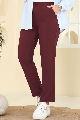 moda selvim Beli Lastikli Dabıl Pantolon 0650ERK1158 Bordo - Thumbnail