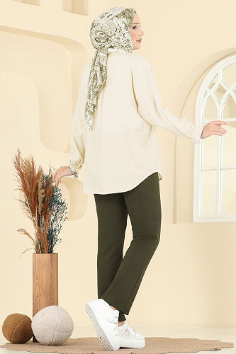 moda selvim Beli Lastikli Dabıl Pantolon 0650ERK1158 Haki - Thumbnail