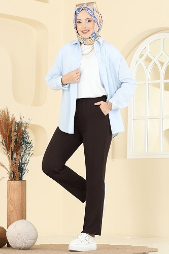 moda selvim Beli Lastikli Dabıl Pantolon 0650ERK1158 Koyu Kahve - Thumbnail