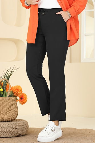 moda selvim Beli Lastikli Dabıl Pantolon 0650ERK1158 Siyah - Thumbnail
