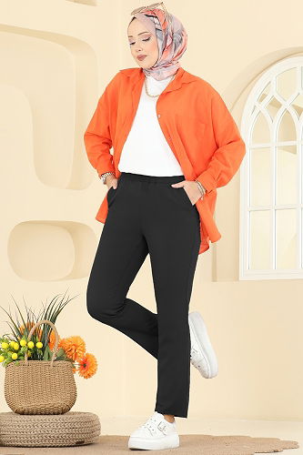 moda selvim Beli Lastikli Dabıl Pantolon 0650ERK1158 Siyah - Thumbnail