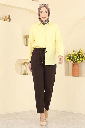 moda selvim Beli Lastikli Dabıl Pantolon 0884ART1138 Kahve - Thumbnail