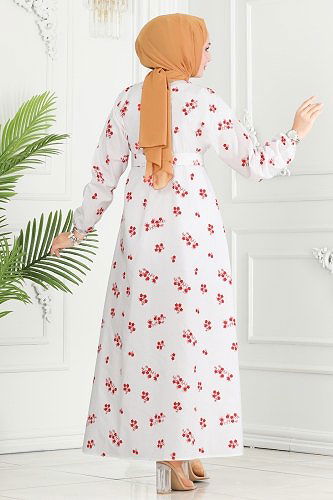moda selvim Beli Lastikli Desenli Elbise 10068ETT926 Kırmızı&Ekru - Thumbnail