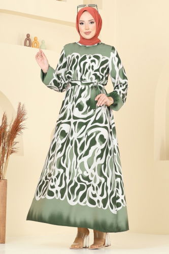 moda selvim Beli Lastikli Desenli Elbise 7127BG354 Haki - Thumbnail