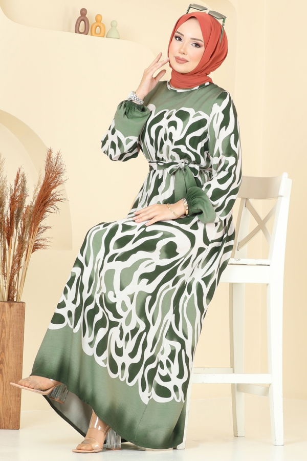 Modaselvim Elbise Beli Lastikli Desenli Elbise 7127BG354 Haki