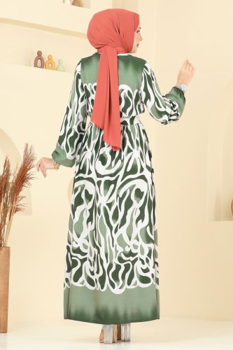 moda selvim Beli Lastikli Desenli Elbise 7127BG354 Haki - Thumbnail
