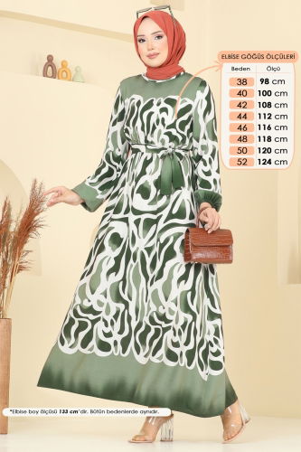 moda selvim Beli Lastikli Desenli Elbise 7127BG354 Haki - Thumbnail
