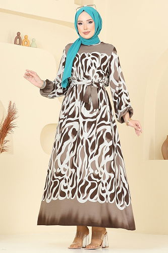moda selvim Beli Lastikli Desenli Elbise 7127BG354 Kahve - Thumbnail