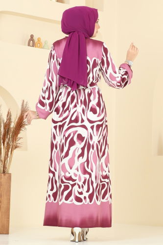moda selvim Beli Lastikli Desenli Elbise 7127BG354 Koyu Gül Kurusu - Thumbnail