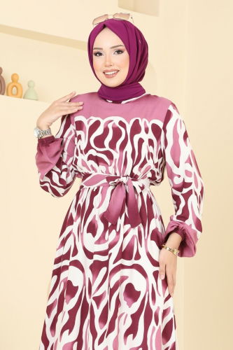 moda selvim Beli Lastikli Desenli Elbise 7127BG354 Koyu Gül Kurusu - Thumbnail