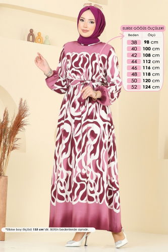 moda selvim Beli Lastikli Desenli Elbise 7127BG354 Koyu Gül Kurusu - Thumbnail