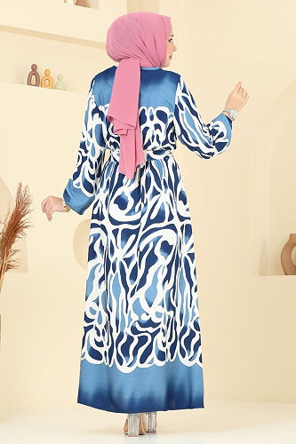 moda selvim Beli Lastikli Desenli Elbise 7127BG354 Saks - Thumbnail