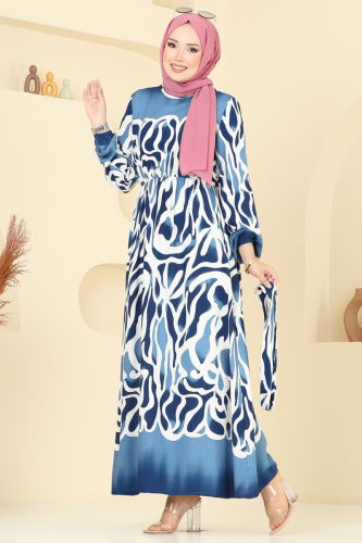 moda selvim Beli Lastikli Desenli Elbise 7127BG354 Saks - Thumbnail