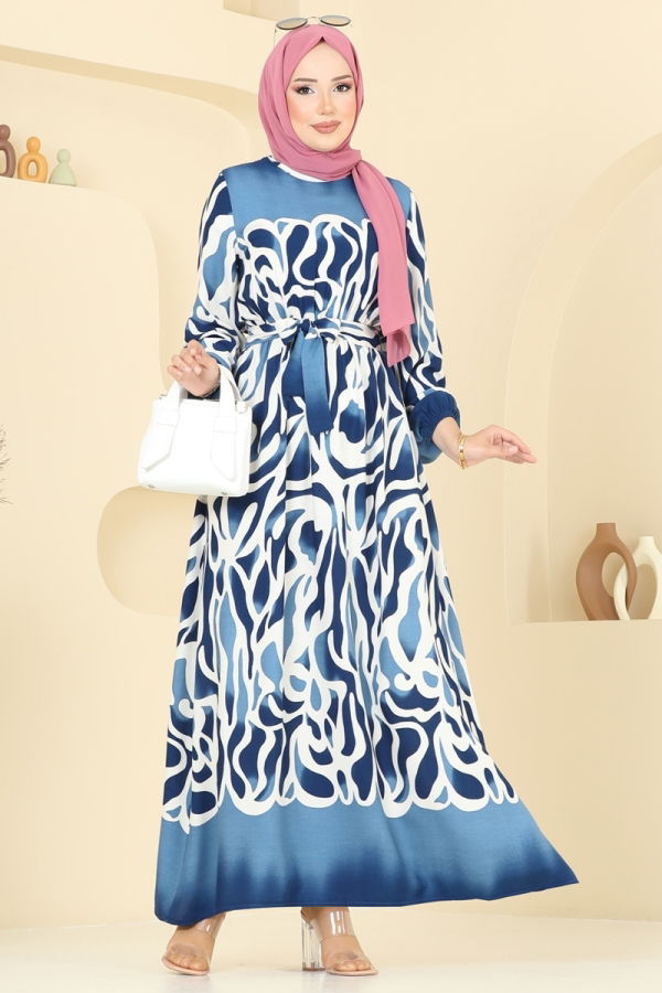 Modaselvim Elbise Beli Lastikli Desenli Elbise 7127BG354 Saks