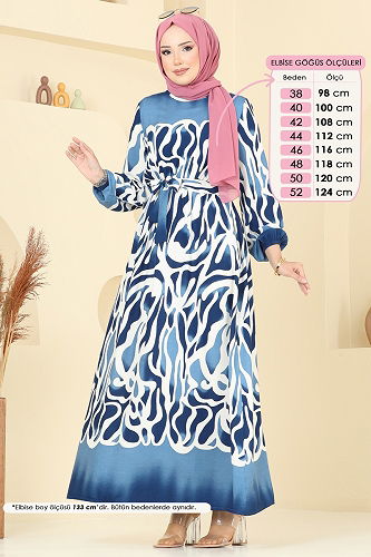 moda selvim Beli Lastikli Desenli Elbise 7127BG354 Saks - Thumbnail