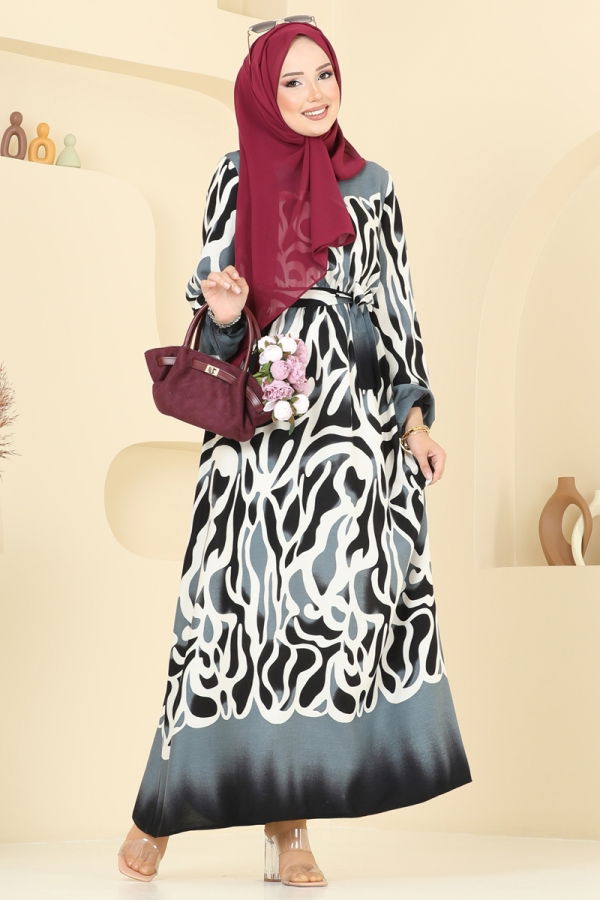 Modaselvim Elbise Beli Lastikli Desenli Elbise 7127BG354 Siyah