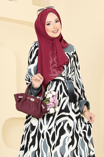 moda selvim Beli Lastikli Desenli Elbise 7127BG354 Siyah - Thumbnail