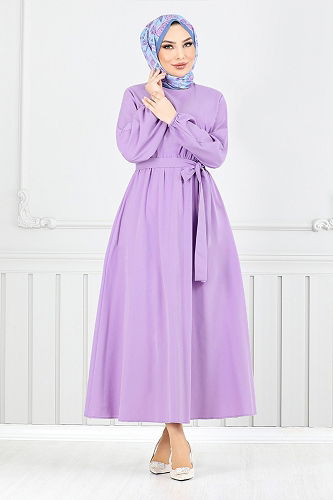 moda selvim Beli Lastikli Elbise 012MR1077-M Lila - Thumbnail