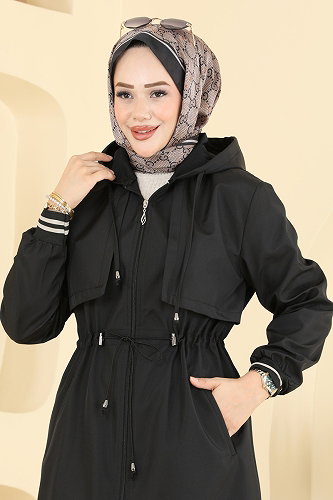moda selvim Beli Lastikli Kapşonlu Trençkot 2632MSA980 Siyah - Thumbnail
