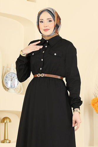 moda selvim Beli Lastikli Kot Elbise 1120MSA980 Siyah - Thumbnail