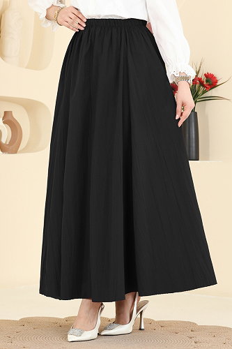 moda selvim Beli Lastikli Kraş Etek 770OZN1046 Siyah - Thumbnail