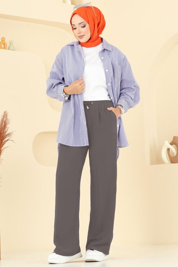 Modaselvim Pantolon Beli Lastikli Krep Pantolon 8119AB368 Gri
