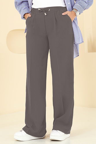 moda selvim Beli Lastikli Krep Pantolon 8119AB368 Gri - Thumbnail