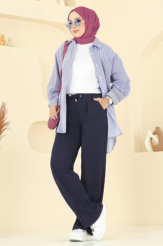 moda selvim Beli Lastikli Krep Pantolon 8119AB368 Koyu Laci - Thumbnail