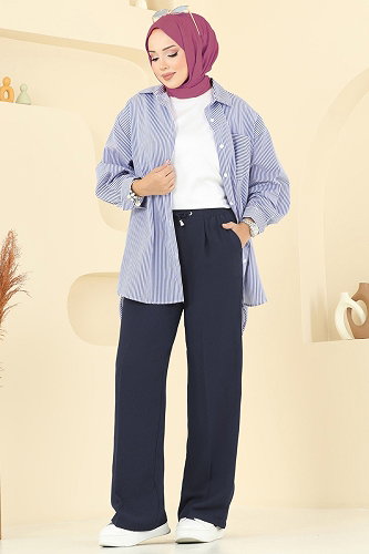 moda selvim Beli Lastikli Krep Pantolon 8119AB368 Koyu Laci - Thumbnail