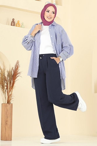 moda selvim Beli Lastikli Krep Pantolon 8119AB368 Koyu Laci - Thumbnail
