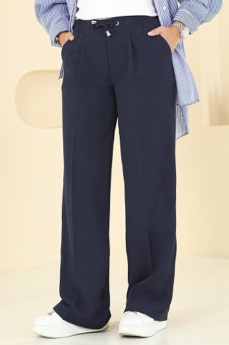 moda selvim Beli Lastikli Krep Pantolon 8119AB368 Koyu Laci - Thumbnail