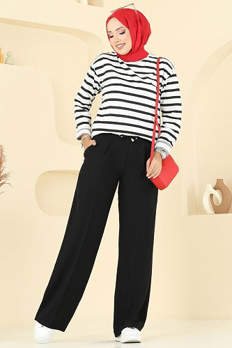 moda selvim Beli Lastikli Krep Pantolon 8119AB368 Siyah - Thumbnail