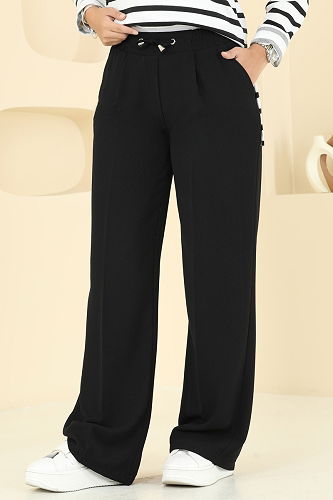 moda selvim Beli Lastikli Krep Pantolon 8119AB368 Siyah - Thumbnail