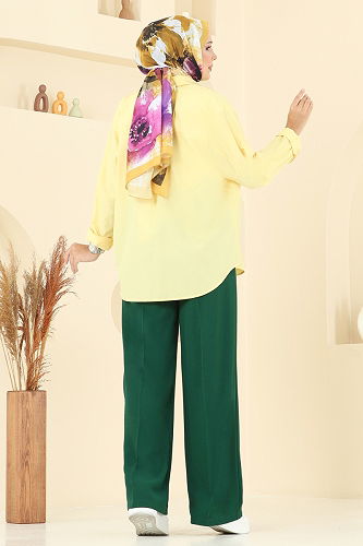 moda selvim Beli Lastikli Krep Pantolon 8119AB368 Zümrüt - Thumbnail