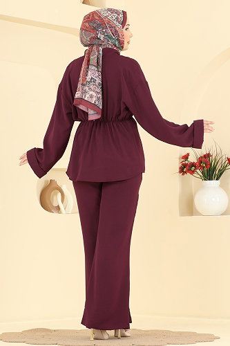 moda selvim Beli Lastikli Krep Takım 5828EDFK1198 Bordo - Thumbnail