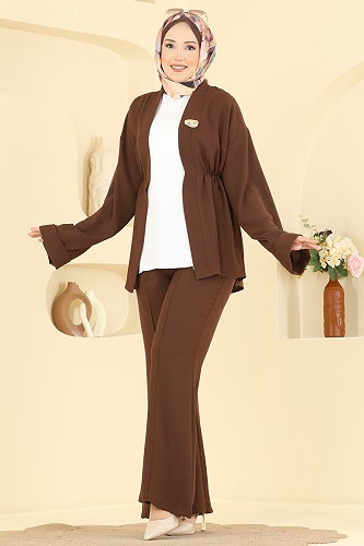moda selvim Beli Lastikli Krep Takım 5828EDFK1198 Kahve - Thumbnail