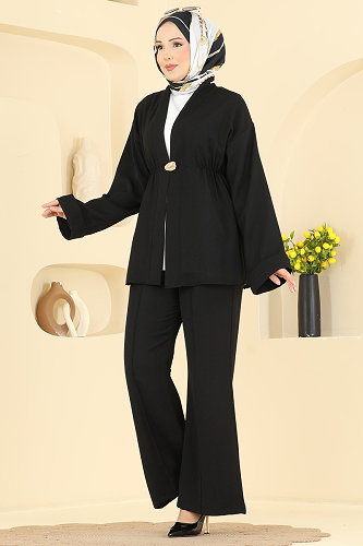 moda selvim Beli Lastikli Krep Takım 5828EDFK1198 Siyah - Thumbnail